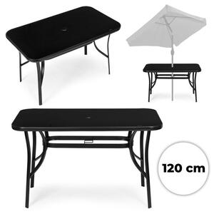 MultiGarden Záhradný stôl 120x70 cm z tvrdeného skla s otvorom na slnečník - čierny MultiGarden