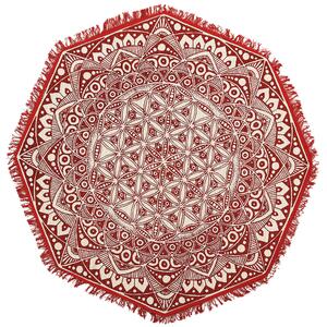 Koberec červená biela bavlna ø 120 cm orientálny vzor so strapcami okrúhly tvar ručná výroba moderný boho štýl obývačka spálňa