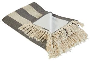 Pikniková deka béžová sivá polyester 200 x 200 cm ručná výroba so strapcami pásikavý vzor moderný boho štýl záhrada exteriér
