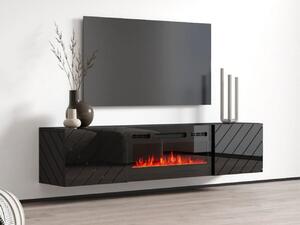 Závesný TV stolík s elektrickým krbom WANDER - čierny / lesklý čierny