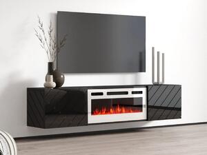 Závesný TV stolík s elektrickým krbom WANDER - čierny / lesklý čierny / biely