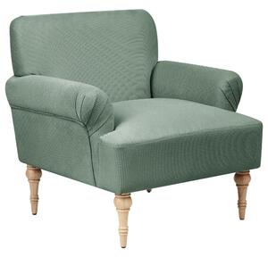 Kreslo zelené polyester látkové čalúnenie vodoodpudivá tkanina nohy z kaučukového dreva retro minimalistický štýl obývačka