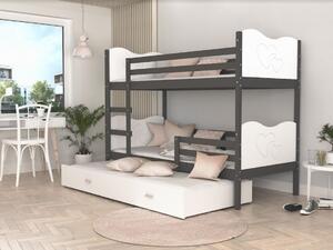 Detská poschodová posteľ s prístelkou MAX Q - 190x80 cm - bielo-sivá - srdiečka