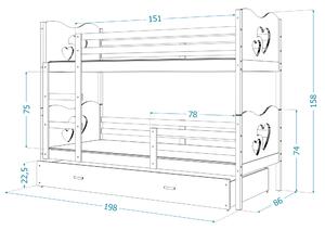 Detská poschodová posteľ s prístelkou MAX Q - 190x80 cm - zelená / borovica - vláčik