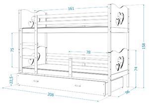 Detská poschodová posteľ so zásuvkou MAX R - 200x90 cm - sivá / borovica - vláčik
