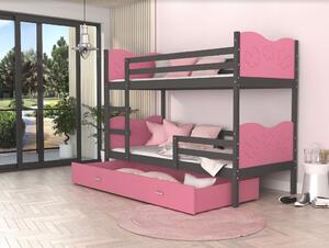 Detská poschodová posteľ so zásuvkou MAX R - 200x90 cm - ružovo-šedá - motýle