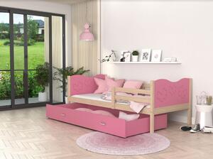 Detská posteľ so zásuvkou MAX S - 200x90 cm - ružová / borovica - motýle