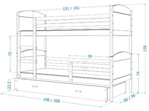 Detská poschodová posteľ s prístelkou MATTEO - 190x80 cm - modrá / borovica