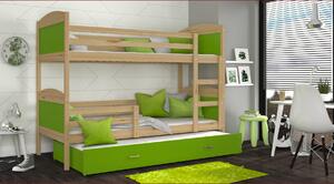 Detská poschodová posteľ s prístelkou MATTEO - 190x80 cm - zelená / borovica