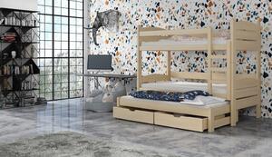 Detská poschodová posteľ z masívu borovice CYRIL s prístelkou a šuplíky - 200x90 cm - PRÍRODNÁ BOROVICA