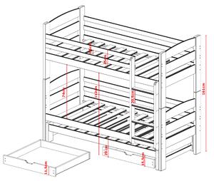 Detská poschodová posteľ z masívu borovice CYRIL s prístelkou a šuplíkmi - 200x90 cm - ŠEDÁ