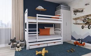 Detská poschodová posteľ z masívu borovice ALDA s prístelkou a šuplíky - 200x90 cm - biela