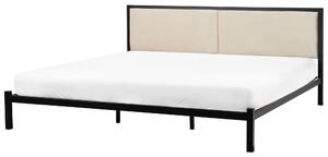 Kovová posteľ čierna 180 x 200 cm rám postele s roštom svetlobéžové čalúnené čelo minimalistický dizajn