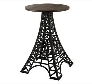 Industriálny barový stôl Eiffel s okrúhlou hnedou masívnou doskou a čiernou kovovou podstavou s dizajnom Eiffelovej veže 70 cm