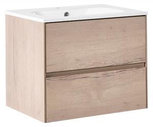 Závesná kúpeľňová skrinka na stenu svetlohnedá MDF 60 x 46 cm s 2 zásuvkami a umývadlom