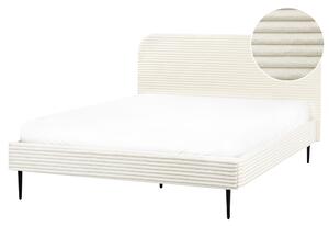 Posteľ krémová biela menčestrová 160 x 200 cm čalúnené čelo čierne nohy lamelový rošt minimalistický dizajn