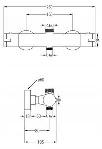 Sprchová nástenná termostatická batéria MEXEN KAI s pripojením na sprchovú tyč - čierna, 77150-70