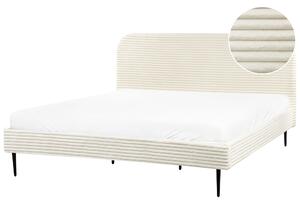 Posteľ krémová biela menčestrová 180 x 200 cm čalúnené čelo čierne nohy lamelový rošt minimalistický dizajn