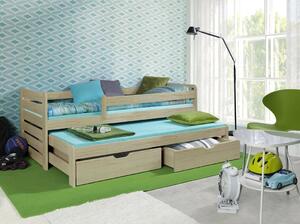 Detská posteľ z masívu borovice TOMÁŠ II s prístelkou a šuplíkmi - 200x90 cm - prírodná borovica