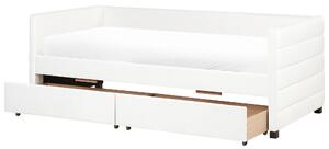Posteľ krémová biela zamatové čalúnenie jednolôžko 90 x 200 cm lamelový rošt zásuvky úložný priestor moderný štýl