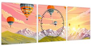 Obraz balónov nad krajinou (s hodinami) (90x30 cm)