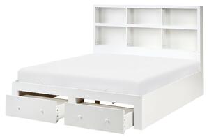 Posteľ biela MDF 160 x 200 cm úložný priestor 2 zásuvky čelo s policami minimalistický štýl