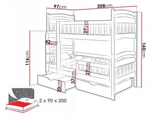 Detská poschodová posteľ z masívu borovice DOMINIK II so zásuvkami - 200x90 cm - prírodná borovica