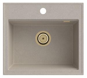 Sink Quality Ferrum New 5055, 1-komorový granitový drez 560x500x210 mm + zlatý sifón, béžová, SKQ-FER.5055.B.XG
