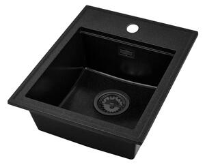 Sink Quality Ferrum New 4050, 1-komorový granitový drez 400x500x185 mm + čierny sifón, čierna škvrnitá, FER.4050.BP.XB