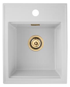 Sink Quality Ferrum New 4050, 1-komorový granitový drez 400x500x185 mm + zlatý sifón, biela, SKQ-FER.4050.WH.XG