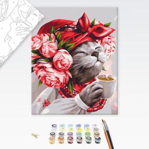 Maľovanie podľa čísiel mačka so šálkou čaju