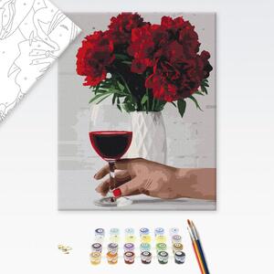 Maľovanie podľa čísiel kvety pivoniek s pohárom vína