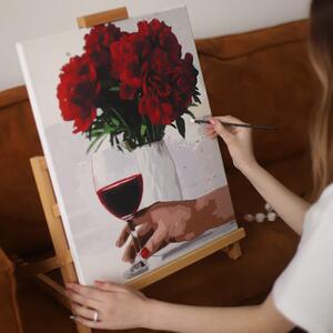 Maľovanie podľa čísiel kvety pivoniek s pohárom vína