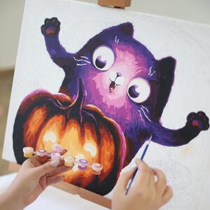 Maľovanie podľa čísiel veselá mačka s tekvicou