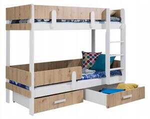 Detská poschodová posteľ z masívu borovice ETTORE so šuplíkmi - 200x90 cm - biela/dub artisan