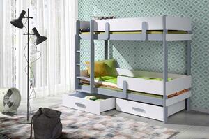 Detská poschodová posteľ z masívu borovice ETTORE so zásuvkami - 200x90 cm - šedá/biela