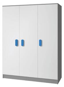 Trojdverová šedo biela šatníková skriňa do detskej izby Sven, úchytky - šírka 120 cm, modrá