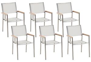 Sada 6 záhradných jedálenských stoličiek z bieleho a strieborného textilného sedadla z nehrdzavejúcej ocele, stohovateľné vonkajšia odolnosť