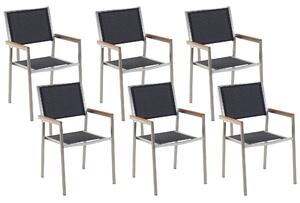 Sada 6 záhradných jedálenských stoličiek Čierno-strieborné textilné sedadlo z nehrdzavejúcej ocele, stohovateľné vonkajšia odolnosť