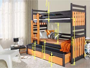 Detská poschodová posteľ z masívu borovice SAMBOR s prístelkou a zásuvkami - 200x90 cm - biela/sivá