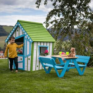 KONDELA Drevený záhradný domček pre deti, biela/sivá/modrá/zelená, LATAM
