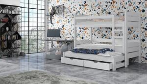 Detská poschodová posteľ z masívu borovice s prístelkou a šuplíky CYRIL - 200x90 cm - BIELA