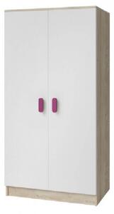 Dvojdverová šatníková skriňa do detskej izby Sven, biela + dub sonoma, úchytky - šírka 80 cm, ružová