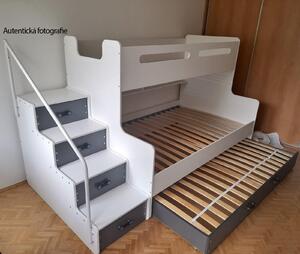 Detská poschodová posteľ s rozšíreným spodným lôžkom a prístelkou MAXÍK 3 biela - 200x120 cm