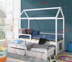 Detská domčeková posteľ z masívu borovice JONAS II s prístelkou a šuplíky - 200x90 cm - šedá