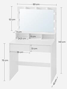 Toaletný stolík VANESA s veľkým zrkadlom a osvetlením, 80x40x140cm, biela SongmicsHome