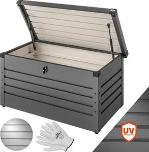 GARDEBRUK® Úložný box objem 385L vrátane rukavíc kovový uzamykateľný plynová tlaková pružina 120x62cm odolný voči poveternostným vplyvom záhradná balkónová pivnica záhradný box záhradná truhlica antracit
