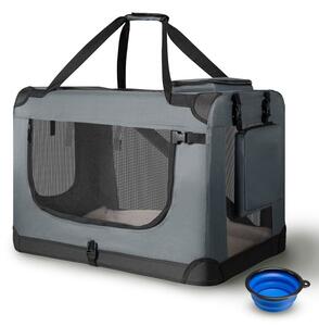 Skladací prepravný box pre psov, sivý, s posteľou, veľkosť S