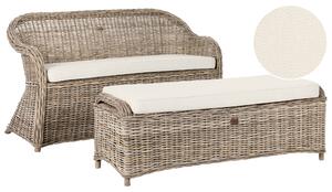 Záhradná lavička s taburetom prírodná ratanová krémovobiely podsedák 150 cm interiér exteriér boho štýl záhrada terasa balkón