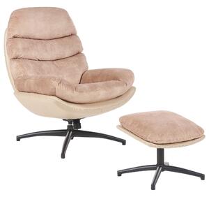 Kreslo s podnožkou béžové zamatové čalúnenie otočný podstavec prešívané sedadlo moderný mid century štýl obývačka spálňa